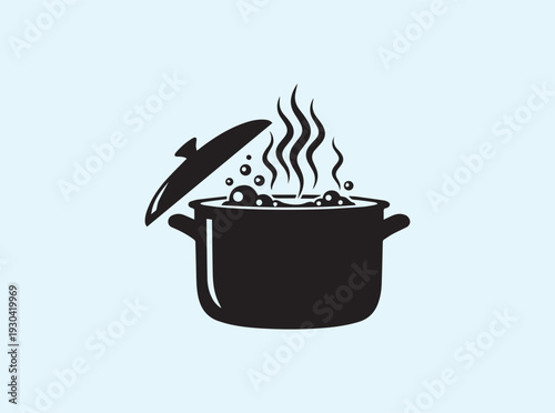 Flat design silhouette of a soup pot with steam rising for digital apps