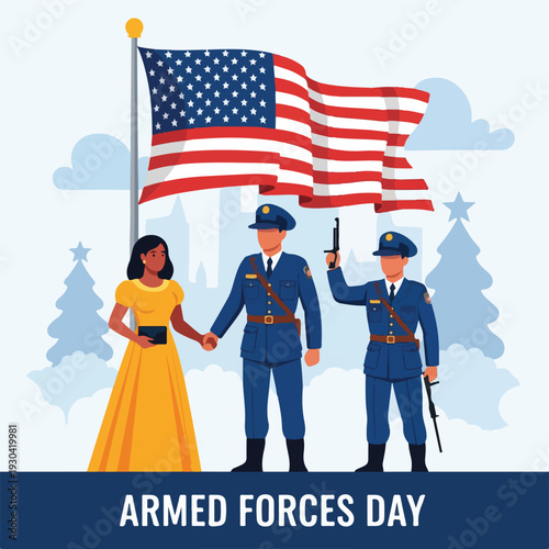 Patriotic scene with flag, service members, and a civilian, celebrating a holiday