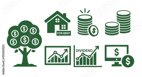 A modern vector illustration depicting various passive income concepts, including a money tree, rental income, dividend, and cash flow, with flat design elements and editable strokes on a