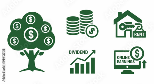A modern vector illustration depicting various passive income concepts, including a money tree, coin stack, rental income, dividend, and online earnings on a clean white background with a