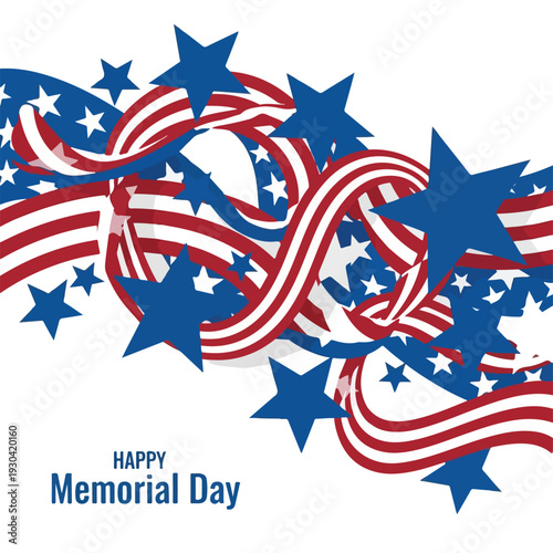 Patriotic themed abstract art with stars and striped ribbons, text