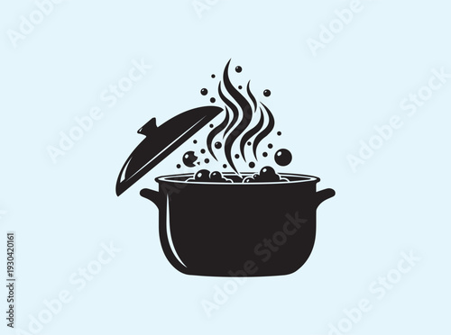 Minimalist vector icon of a boiling pot featuring steam lines and rising bubbles