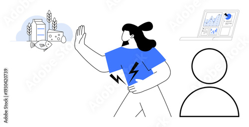 Food allergies, diet restrictions, health management, allergic reactions, nutrition tracking, lifestyle choices. Woman avoiding food allergens, analytics dashboard and person icon. Food allergies