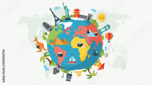 A colorful illustration of Earth with famous landmarks and icons