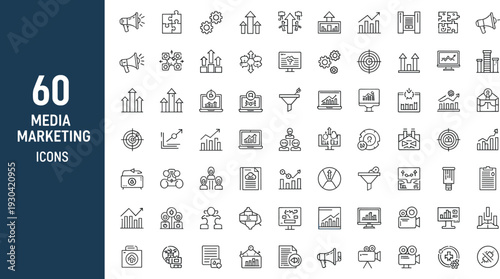 Media Marketing and Digital Advertising Line Icon Set with Analytics Promotion Target Growth and Business Strategy Symbols Vector Outline Collection