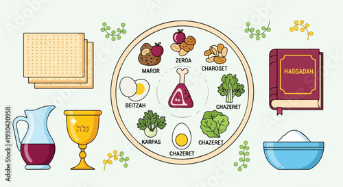 A colorful illustration featuring traditional foods, a book, and objects