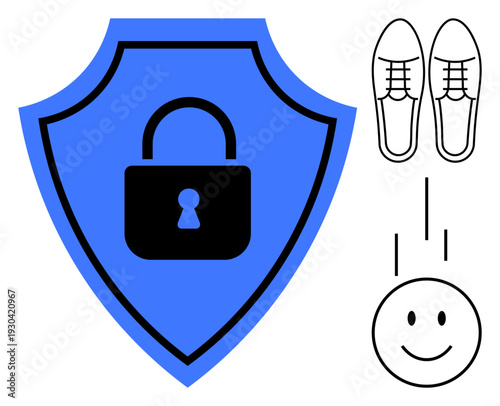 Security concept. Shield with a lock symbol for data protection, alongside shoes and a smiling face. Security ensuring safe systems and services. For protection, identity, trust, communication