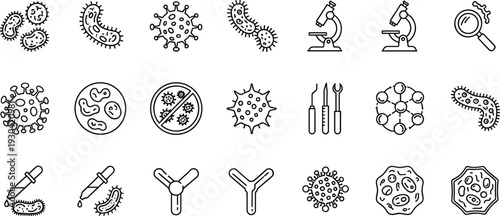Microbiology and Virus Research Line Icon Set with Bacteria Cell Microscope Antibody and Laboratory Medical Symbols Vector Outline Collection