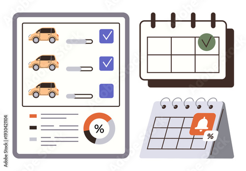 Car rental agencies, project scheduling, booking organization, planning tools, logistics, reminders. Checklist form with cars, percentage chart and two calendars. Car rental agencies and project