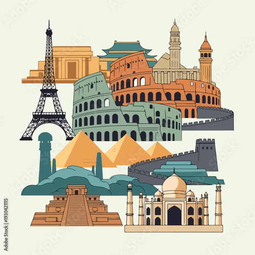 A colorful illustration showcasing diverse world famous architectural landmarks