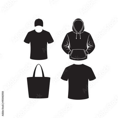 Black Silhouette T Shirts and Hoodie with Bag Mockup