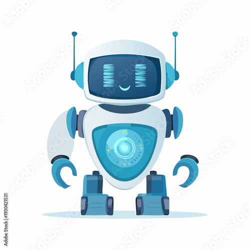 A cute robot character illustration standing alone in a digital environment.