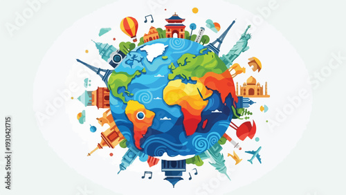 A colorful illustration showing landmarks around a stylized globe