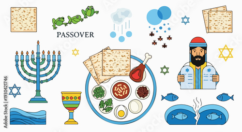 A colorful illustration with various symbols and food items