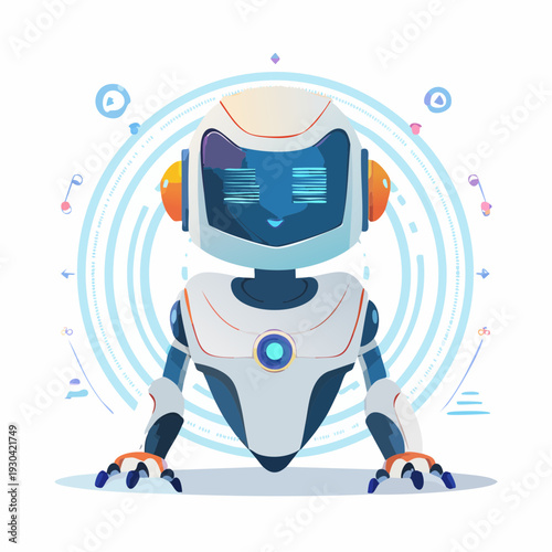 A futuristic robot wearing headphones sits surrounded by digital swirling patterns and symbols on a clean surface.