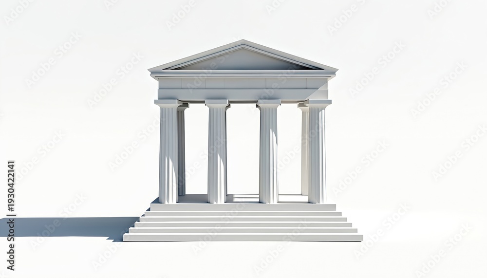 Fototapeta premium White classical building facade. Four tall columns support triangular roof. Wide stairs lead up to structure entrance. Clean minimalist design.