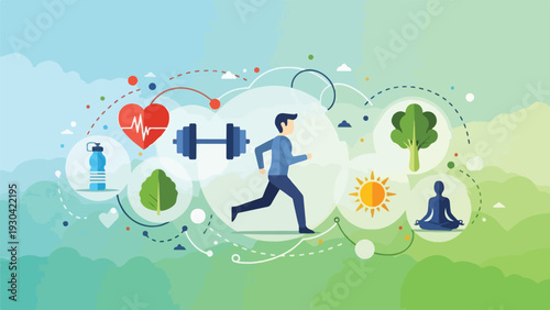 A healthy lifestyle concept featuring a runner, symbols and other elements