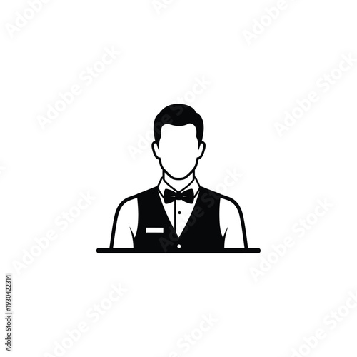 Illustration of a waiter standing behind a counter in a restaurant or bar environment from a straightforward viewpoint