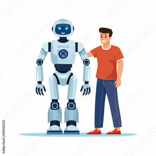 A man interacts with a robot on a surface in a friendly gesture.