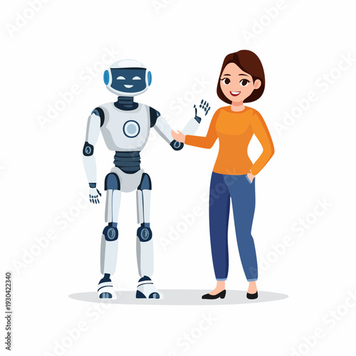 A woman shakes hands with a robot in a modern meeting scene.