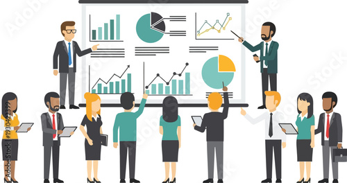 Professionals attend a presentation, analyzing market data and financial.