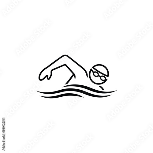 Simple illustration of a swimmer in action, wearing goggles, in a pool from a side viewpoint