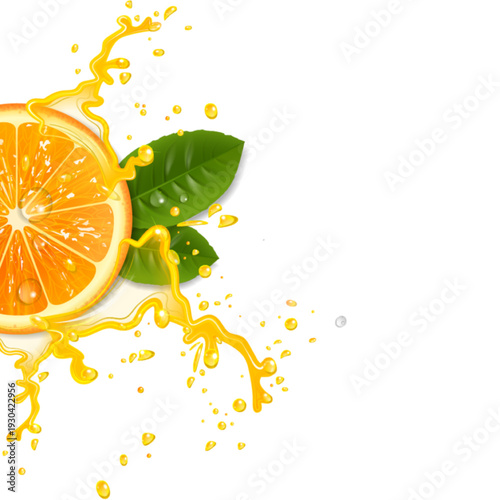 Fresh orange slice splashing juice with green leaves from a vibrant citrus fruit in a dynamic splash artwork on a clean white background from a straightforward viewpoint