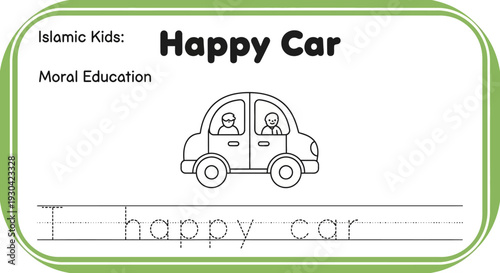 Islamic Kids Happy Car Moral Education Tracing Worksheet for Children