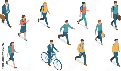Flat isometric illustration of diverse people walking, commuting, urban lifestyle characters set isolated on light background modern city daily life