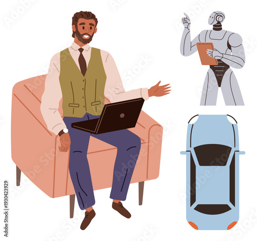 Artificial intelligence, driverless vehicles, tech teamwork, advanced robotics, future transportation, innovation concepts. Man seated with laptop, robot holding tablet model car. Artificial