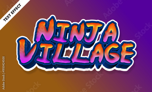 Ninja village text effect with 3d cartoon style and vibrant orange purple gradient