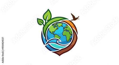 Earth Globe with Green Leaves.