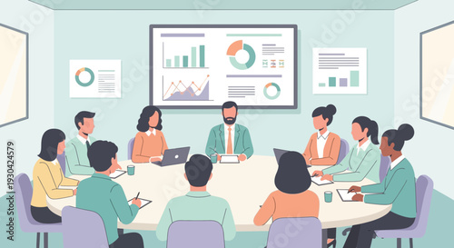 Business Meeting Team Collaboration and Data Analysis in Conference Room.