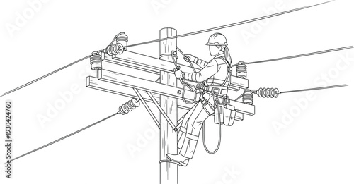 Line Art Illustration of Electrician Working on Power Line Pole