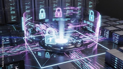 Cyber Fortress: This digital scene showcases an impregnable cyber fortress, an abstract representation of data security, with glowing padlocks and secure data flow.