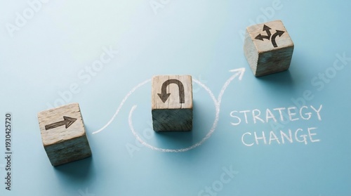 Wallpaper Mural Wooden blocks illustrate a cyclical change in business strategy indicated by arrows showing forward movement, a reversal, and a final path branching out. Torontodigital.ca