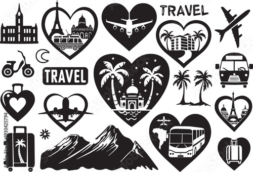 Black and white travel with hearts and landmarks vacation