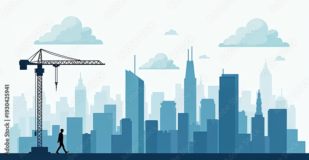 Obraz premium City skyline with construction crane and buildings. A lone man walks in silhouette near the crane. Urban development, growth, and modernization are central themes.