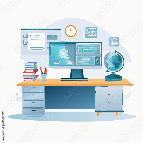 Modern office workspace with computer, globe, and documents on a desk viewed from the front