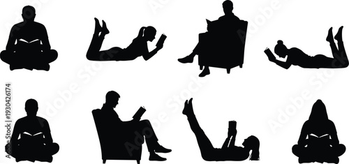 Black silhouettes of people reading books in various poses sitting on chairs and lying down isolated on white background vector