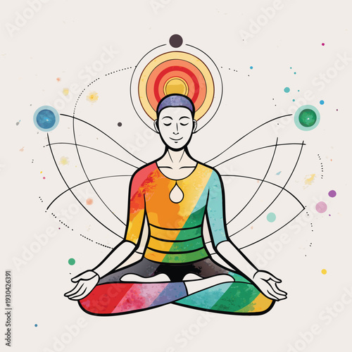 Person meditates in a colorful and peaceful atmosphere with a serene expression