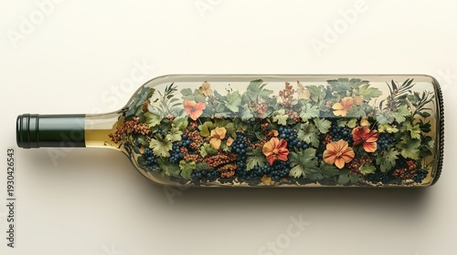 A horizontal wine bottle filled with an intricate arrangement of blooming flowers, green leaves, and dark grapes, representing organic viticulture and natural flavors.
