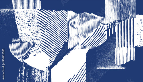 Elegant Japanese-inspired background featuring white hand-drawn geometric blocks on a navy blue field. Intricate woodblock-style etching and stippling create a bold, artisan aesthetic.
