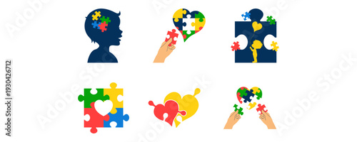 World autism awarness day illustration. Puzzle, pieces, child vector isolated.