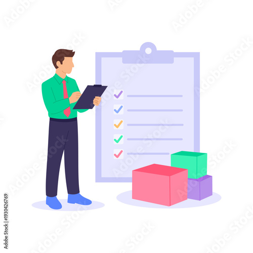 Packing List, detailing shipment contents for records, Flat vector character illustration