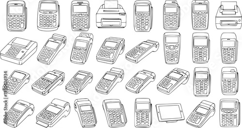 Line Art Vector Set of Payment Terminals  POS Machines. Collection of various handheld, desktop, and portable electronic devices for card payments and financial transactions.