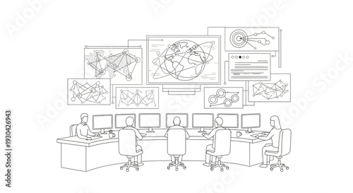 Control Room Outline People Monitoring Screens in a Command Center.