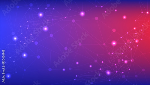 Abstract digital network background with glowing nodes and connecting lines in gradient of blue and red
