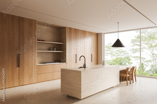 Minimalist wooden kitchen interior with island, built-in cabinets, and large window overlooking nature in modern design concept. 3D Rendering