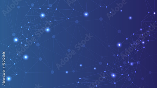 Abstract digital network background with glowing nodes and connecting lines on gradient blue backdrop